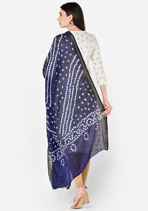 Navy Blue And White Printed Bandhini Silk Dupatta