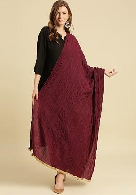 Burgundy And Gold Border Crushed Silk Dupatta