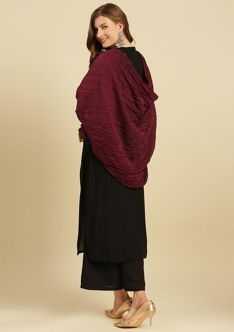 Burgundy And Gold Border Crushed Silk Dupatta