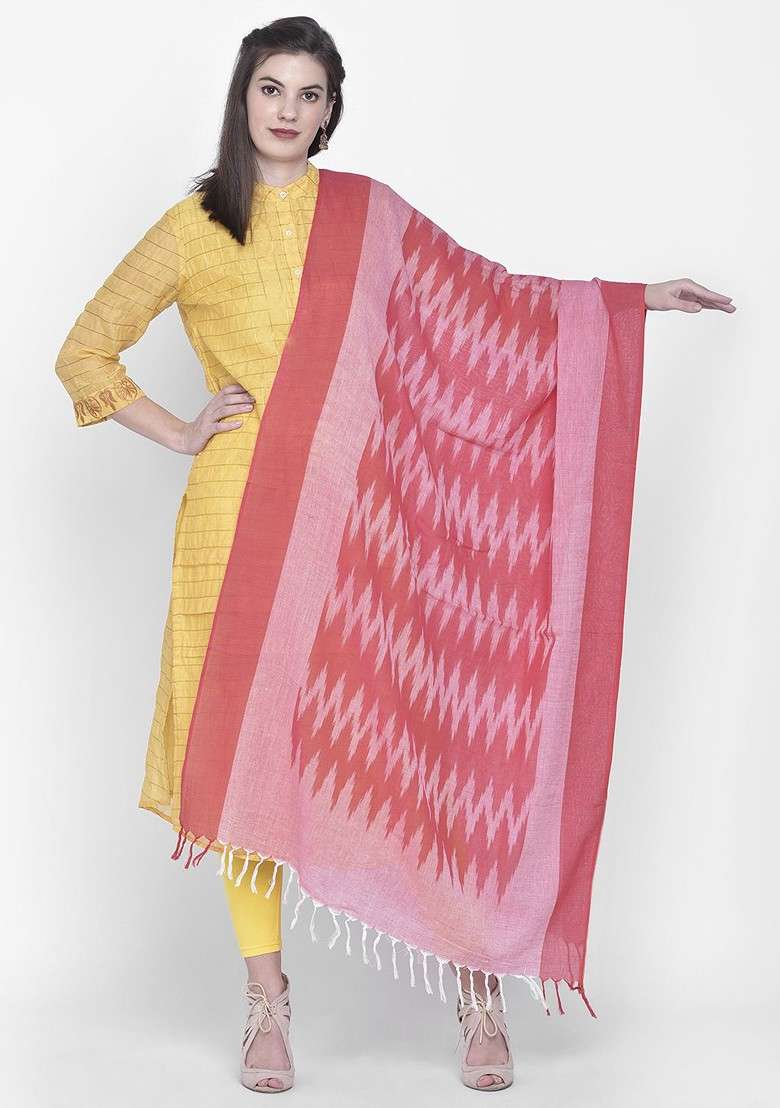 Pure Cotton Pink Ikat Woven Design Pure Cotton Dupatta - Indya