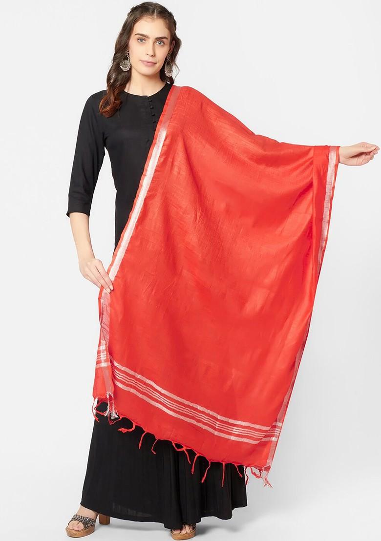 Red And Silver Toned Linen Dupatta