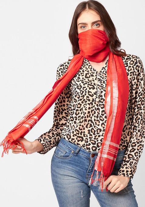 Red And Silver Toned Linen Dupatta