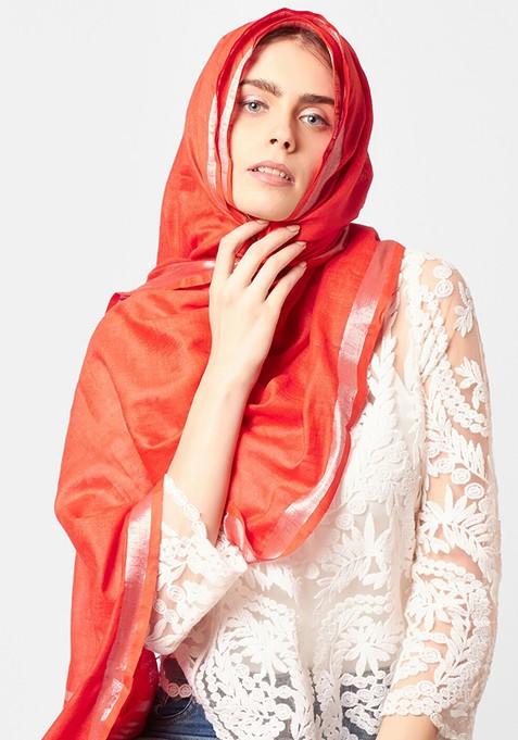 Red And Silver Toned Linen Dupatta
