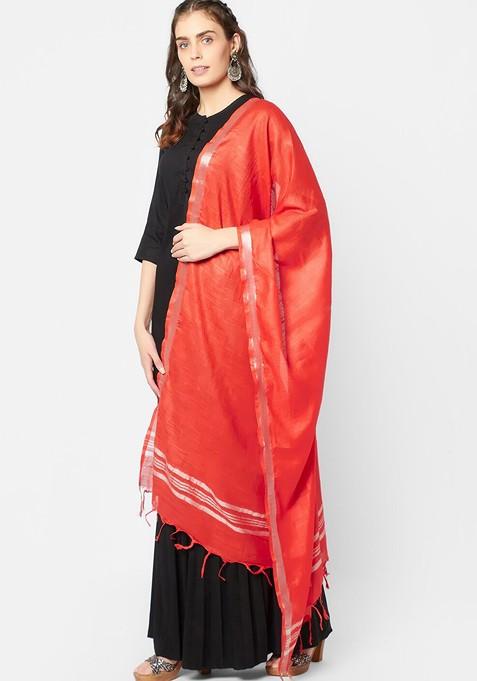 Red And Silver Toned Linen Dupatta