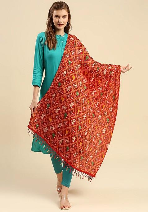 Red And Green Printed Dupatta