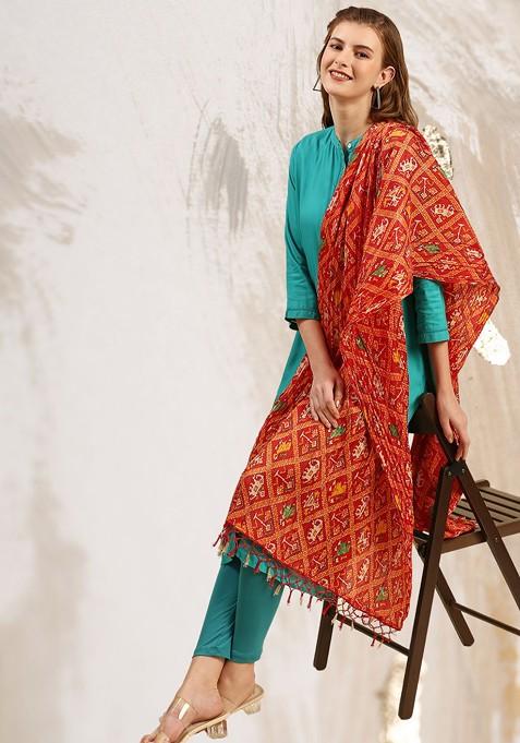 Red And Green Printed Dupatta