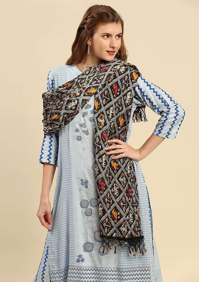 Black And Pink Ethnic Motifs Printed Dupatta - Indya