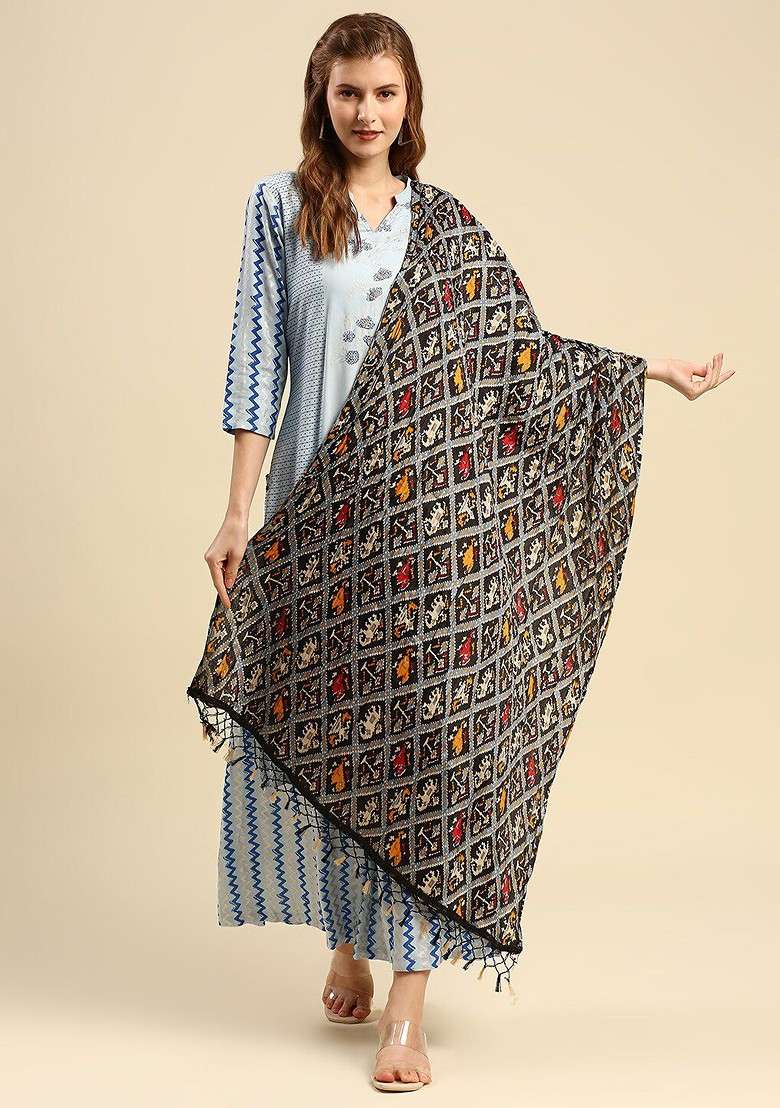Black And Pink Ethnic Motifs Printed Dupatta - Indya