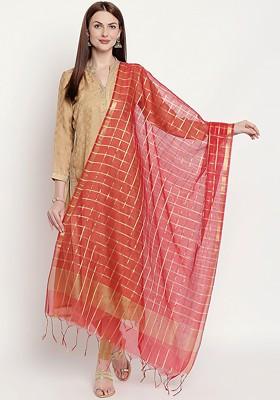 Women Red And Gold Toned Checked Dupatta