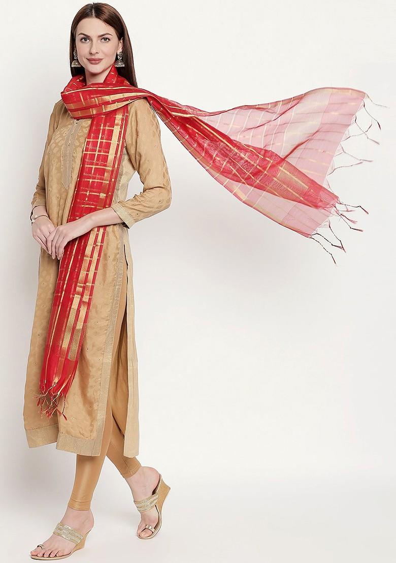 Women Red And Gold Toned Checked Dupatta