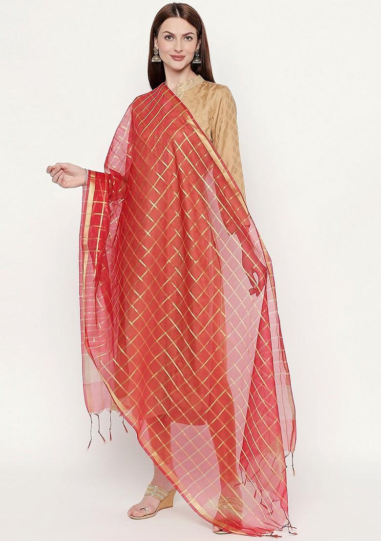 Women Red And Gold Toned Checked Dupatta