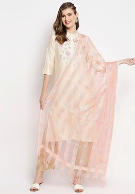 Peach Coloured And Silver Toned Striped Organza Dupatta