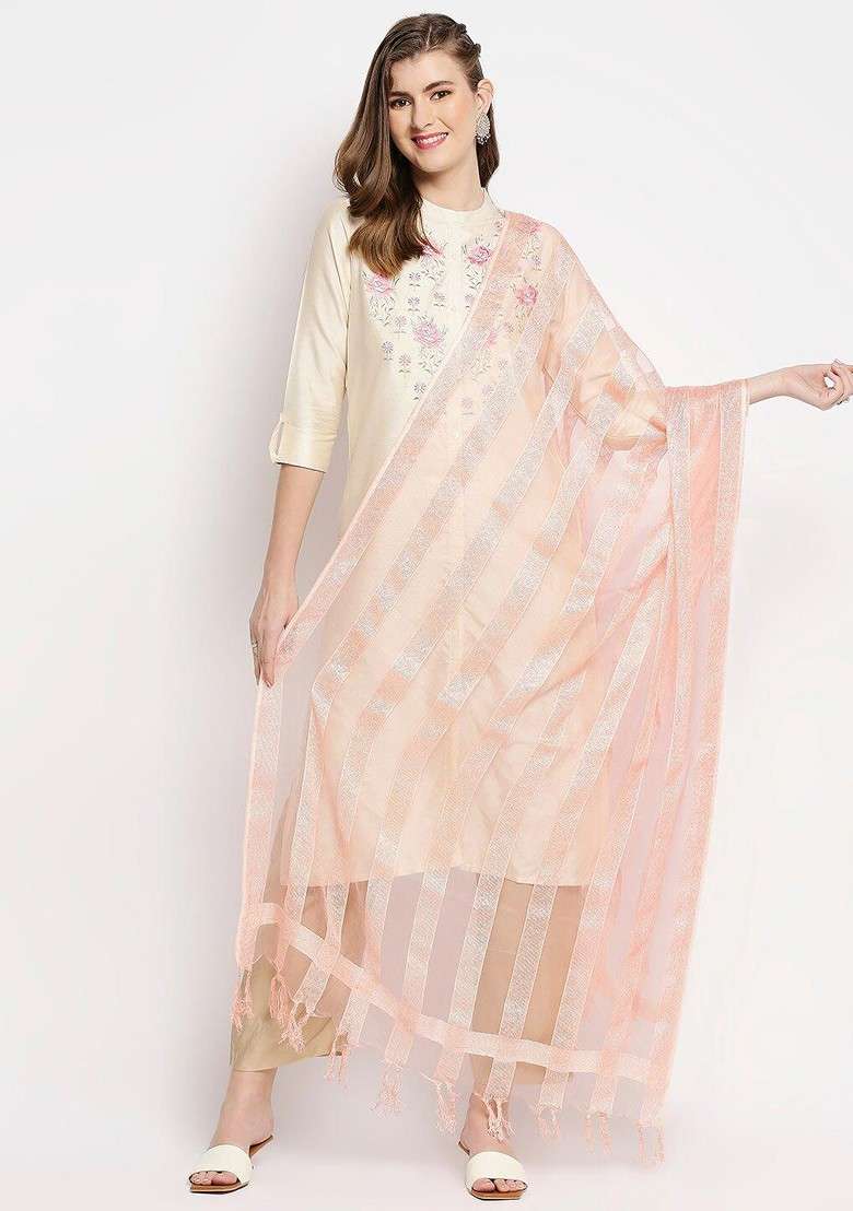 Peach Coloured And Silver Toned Striped Organza Dupatta - Indya