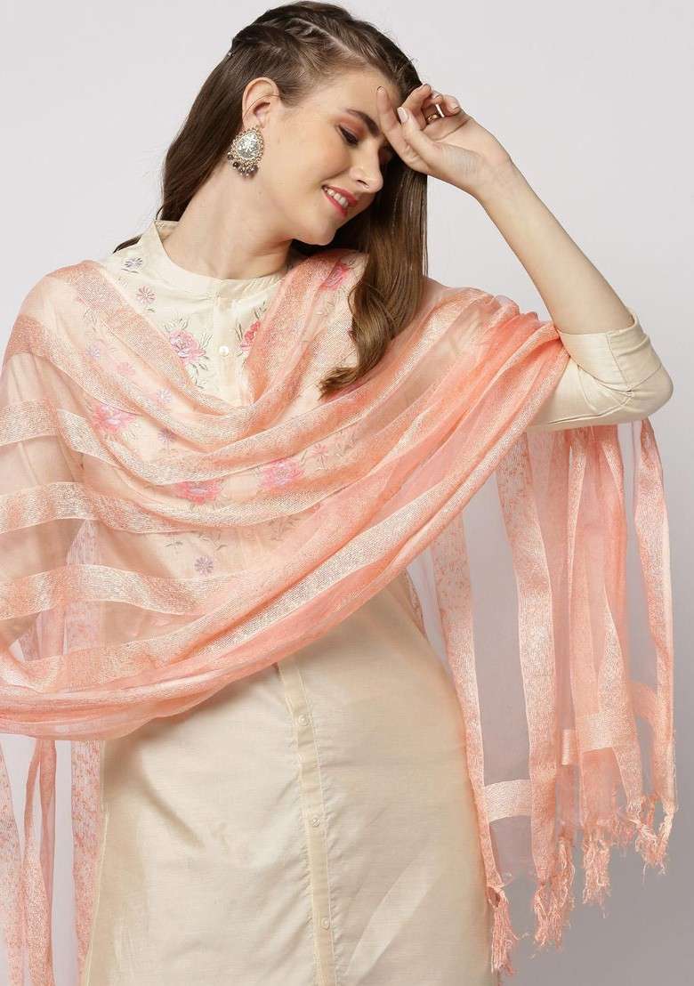 Peach Coloured And Silver Toned Striped Organza Dupatta - Indya