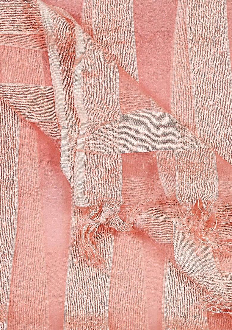 Peach Coloured And Silver Toned Striped Organza Dupatta