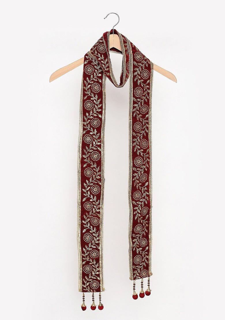 Men Maroon And Gold Toned Embroidered Velvet Dupatta With Zardozi