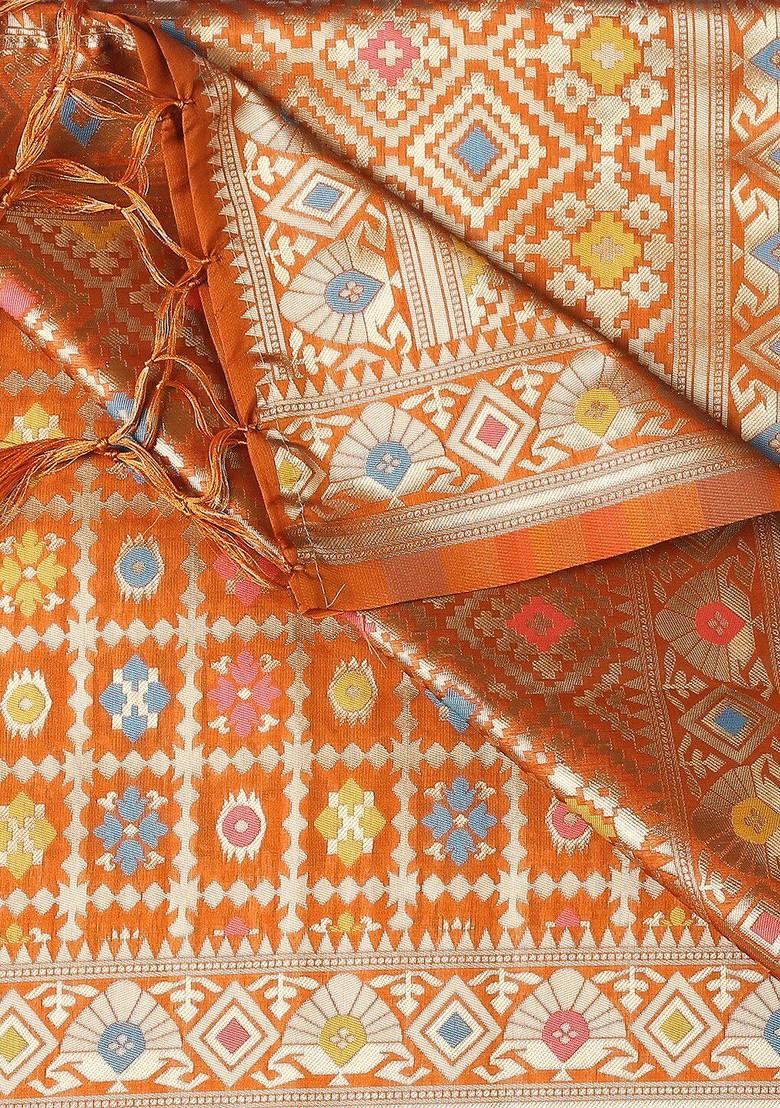 Men Rust And Blue Ethnic Motifs Woven Design Banarasi Silk Dupatta With Zari