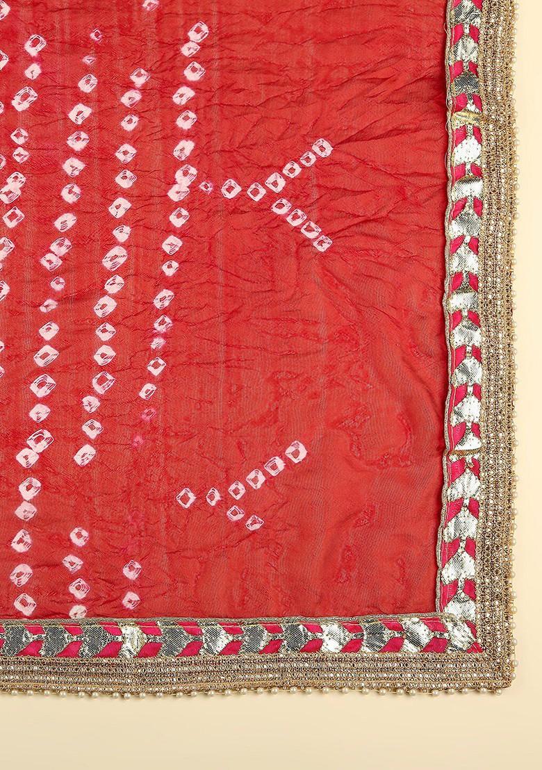 Men Maroon And Off White Bandhani Dupatta With Gotta Patti