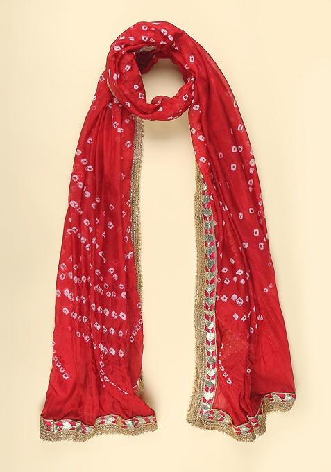 Men Maroon And Off White Bandhani Dupatta With Gotta Patti