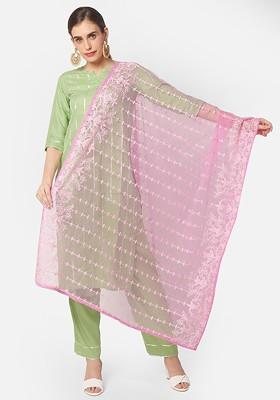 Pink And Off White Embroidered Dupatta