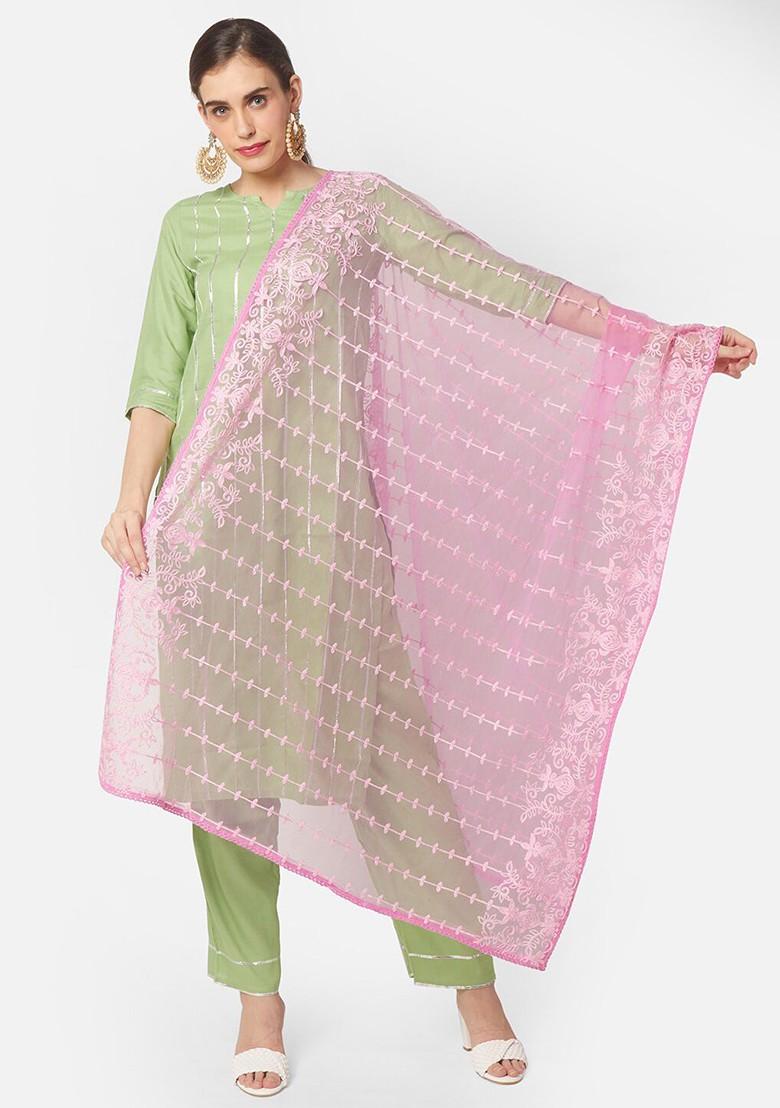Pink And Off White Embroidered Dupatta