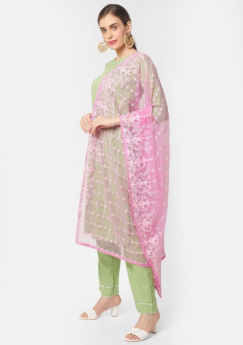 Pink And Off White Embroidered Dupatta
