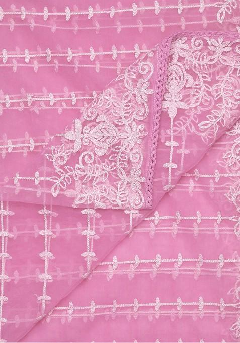 Pink And Off White Embroidered Dupatta