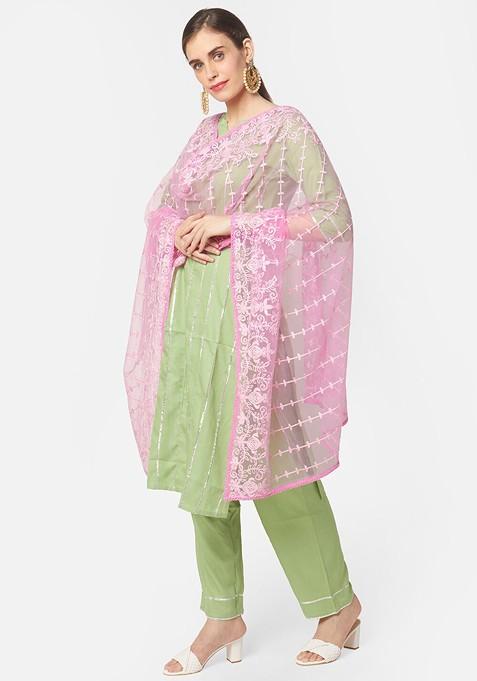 Pink And Off White Embroidered Dupatta
