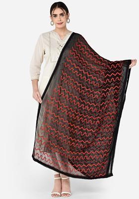 Black And Red Embroidered Dupatta