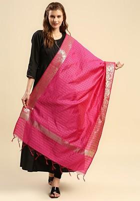 Women Pink And Gold Toned Woven Design Dupatta