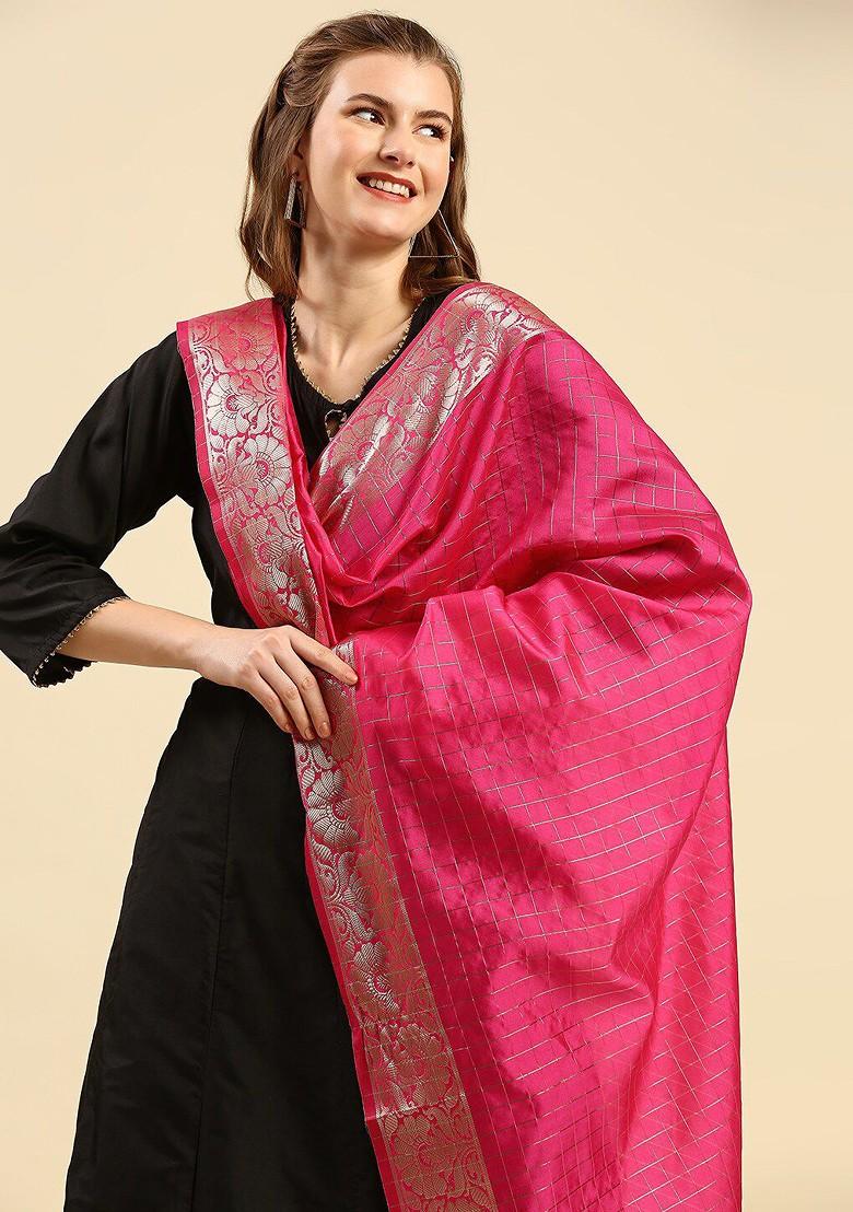 Women Pink And Gold Toned Woven Design Dupatta