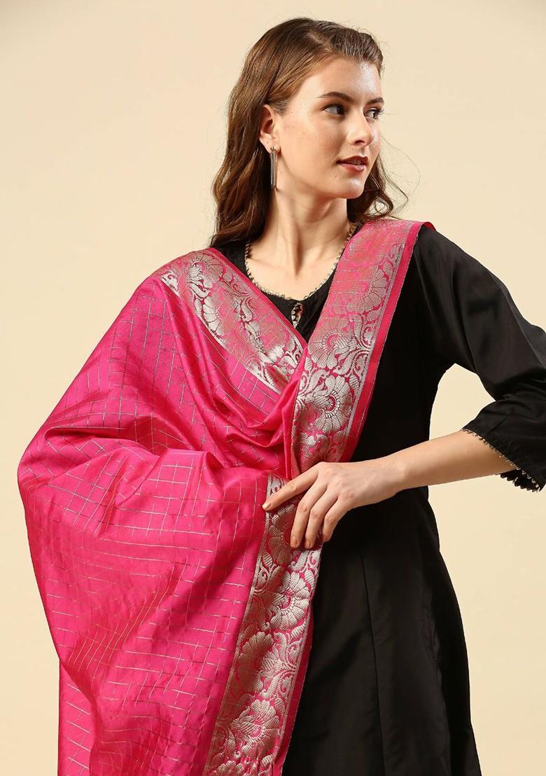 Women Pink And Gold Toned Woven Design Dupatta