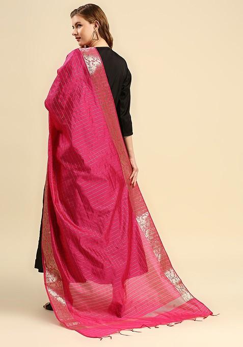 Women Pink And Gold Toned Woven Design Dupatta