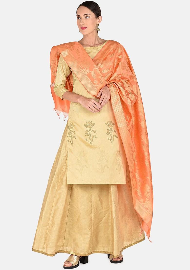 Peach Coloured And Gold Toned Woven Design Dupatta