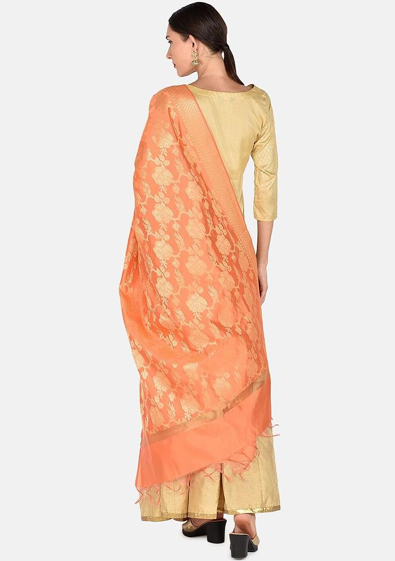 Peach Coloured And Gold Toned Woven Design Dupatta