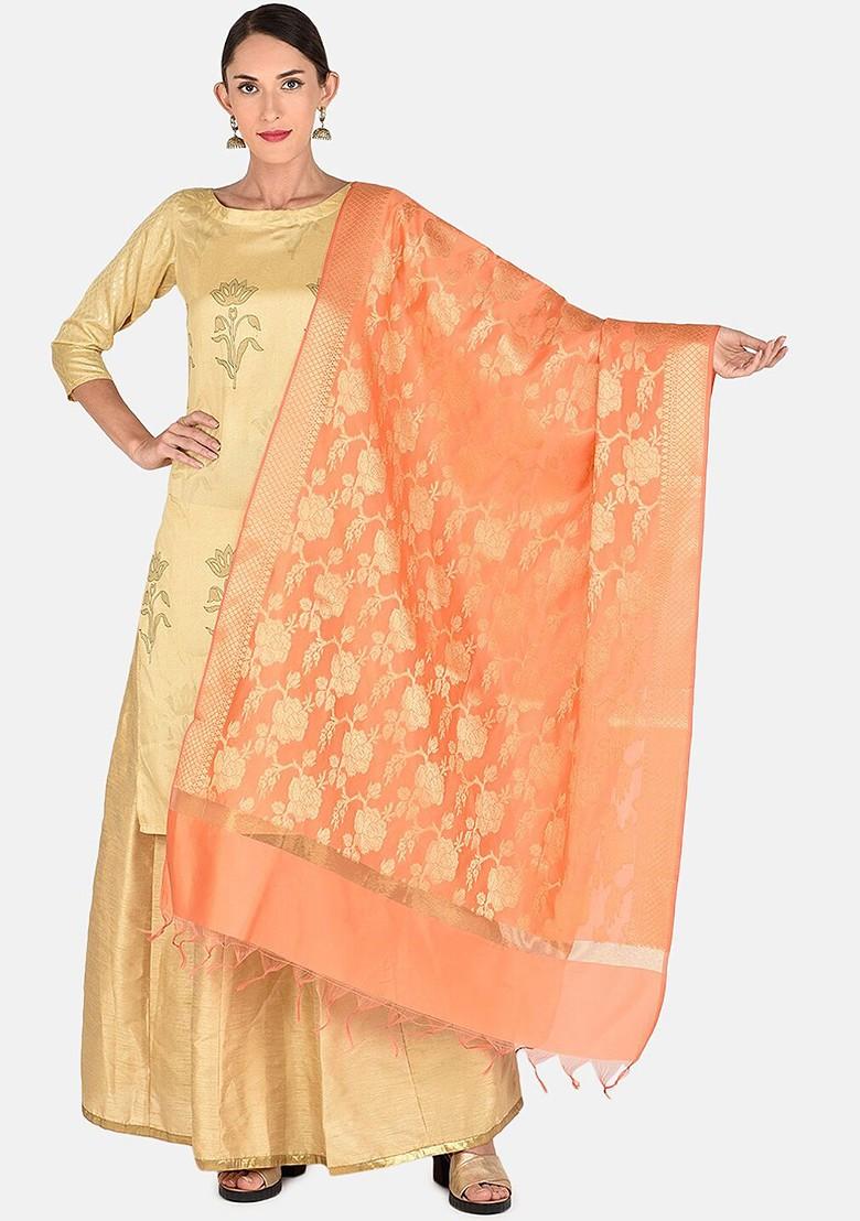 Peach Coloured And Gold Toned Woven Design Dupatta