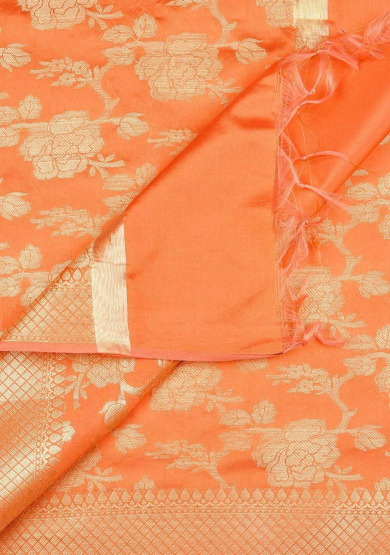 Peach Coloured And Gold Toned Woven Design Dupatta