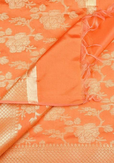 Peach Coloured And Gold Toned Woven Design Dupatta