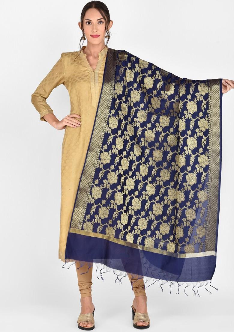 Blue And Gold Coloured Woven Design Banarasi Dupatta