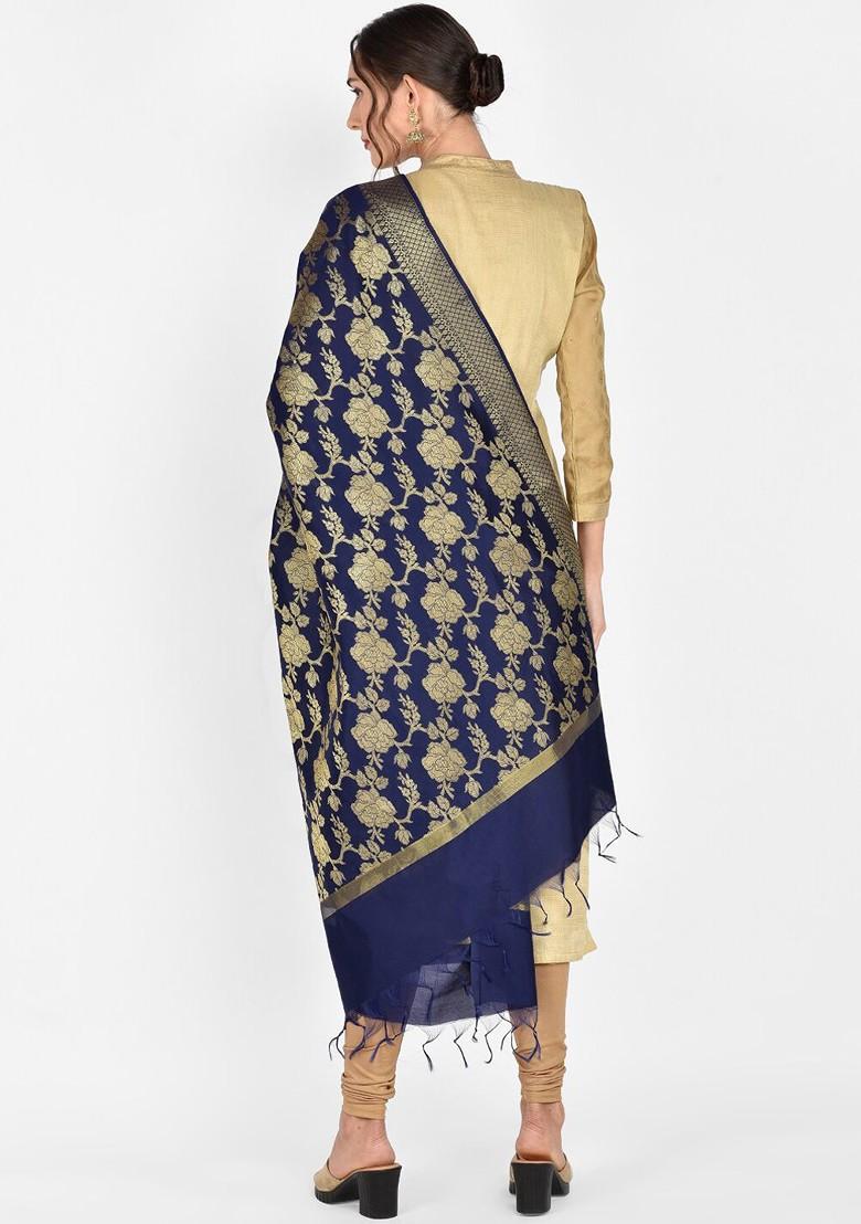Blue And Gold Coloured Woven Design Banarasi Dupatta