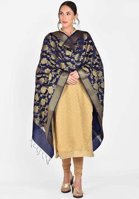 Blue And Gold Coloured Woven Design Banarasi Dupatta