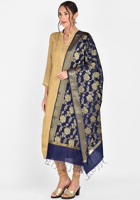 Blue And Gold Coloured Woven Design Banarasi Dupatta