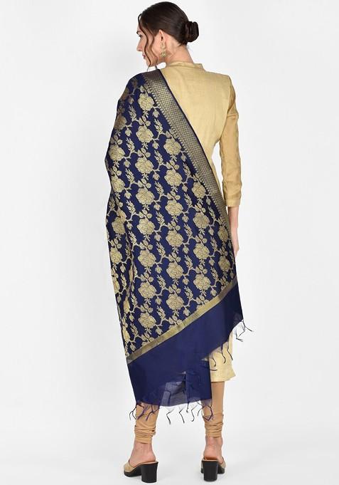 Blue And Gold Coloured Woven Design Banarasi Dupatta