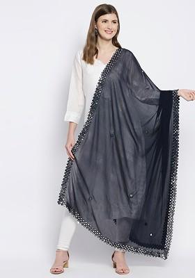 Navy Blue And Silver Toned Dupatta With Mirror Work