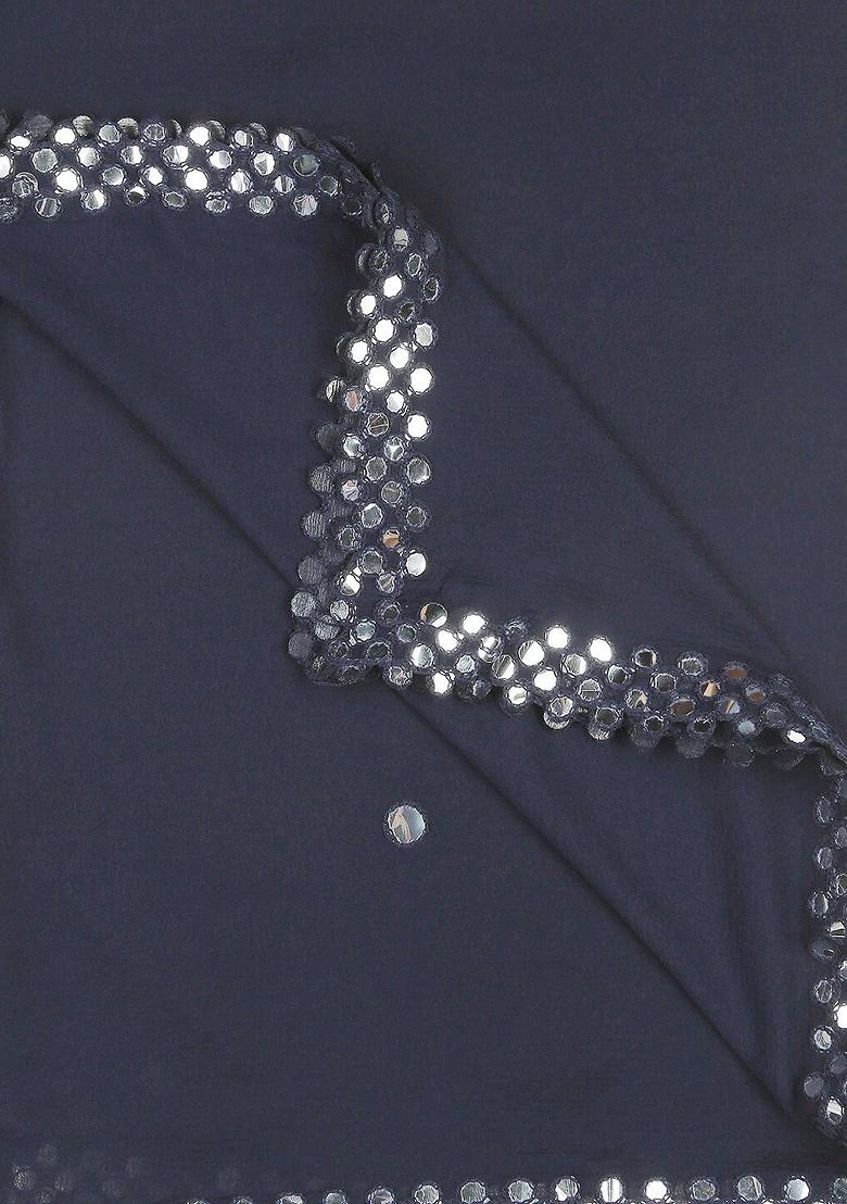 Navy Blue And Silver Toned Dupatta With Mirror Work