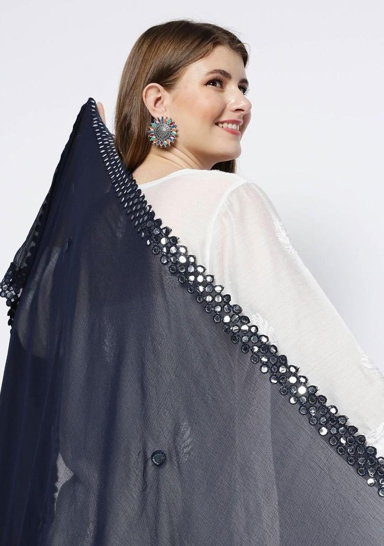 Navy Blue And Silver Toned Dupatta With Mirror Work