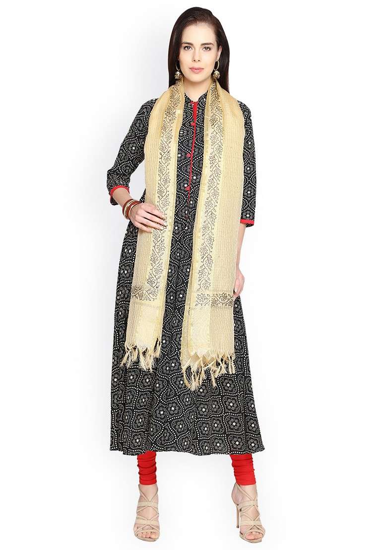 Beige Dupatta With Block Print - Indya