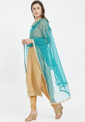 Green And Gold Toned Embroidered Dupatta