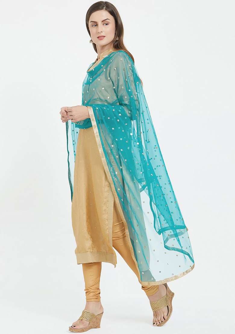 Green And Gold Toned Embroidered Dupatta - Indya