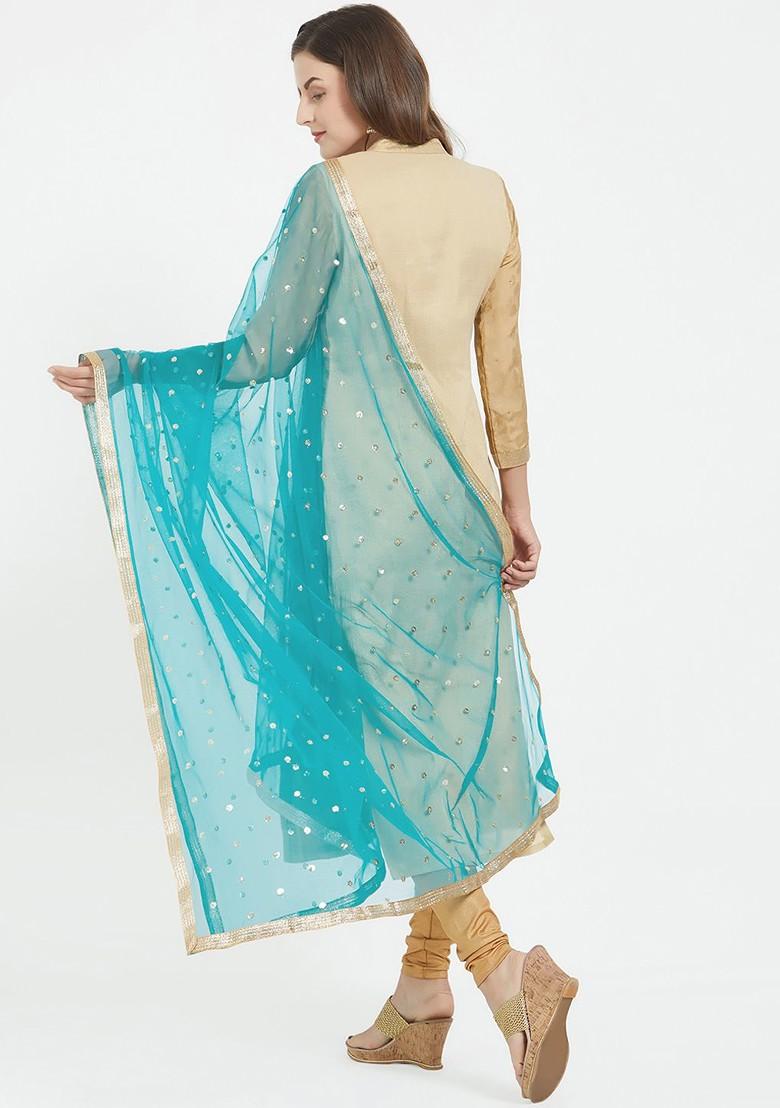 Green And Gold Toned Embroidered Dupatta